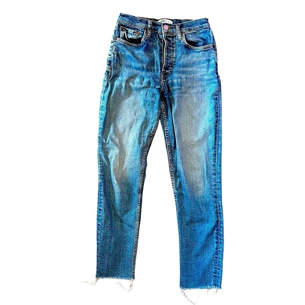 Re/Done Originals Comfort Stretch High Rise Distressed Raw Hem Straight Jeans 27